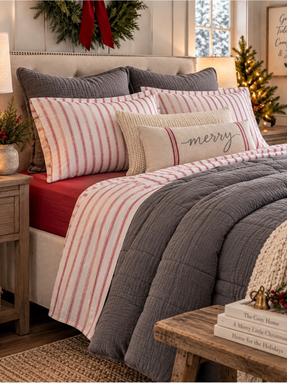 Queen sized Garnet Hill Red and White Striped Flannel Sheet Set